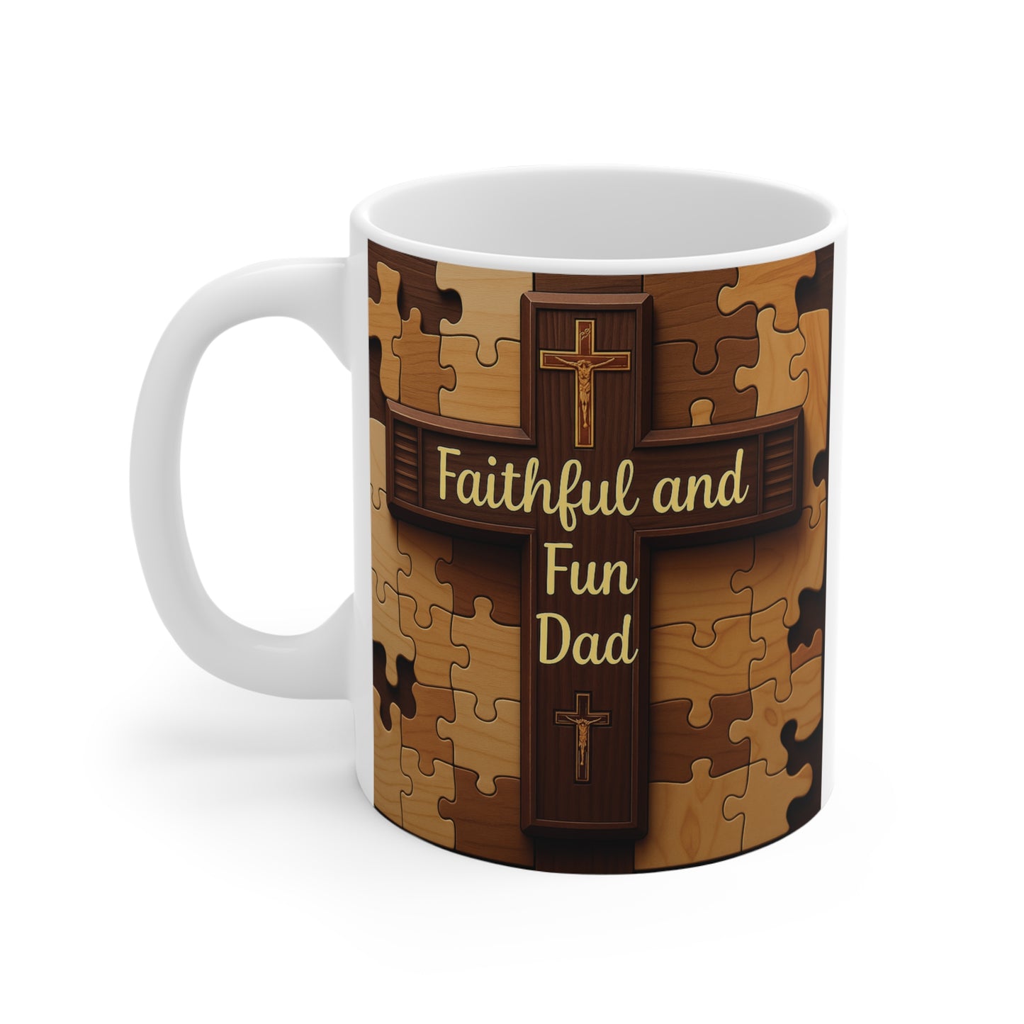 Christian Father’s Day mug with rustic faith-themed design and uplifting message