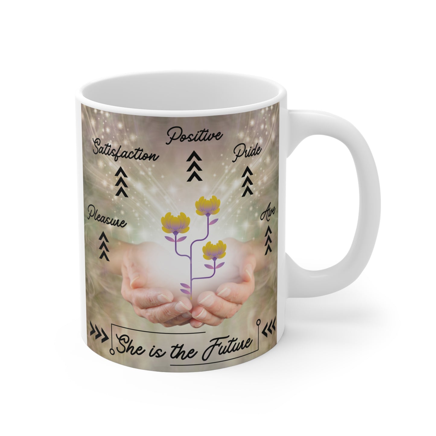 Motivational women empowerment mug with floral illustration, soft glowing background, and positive mindset message