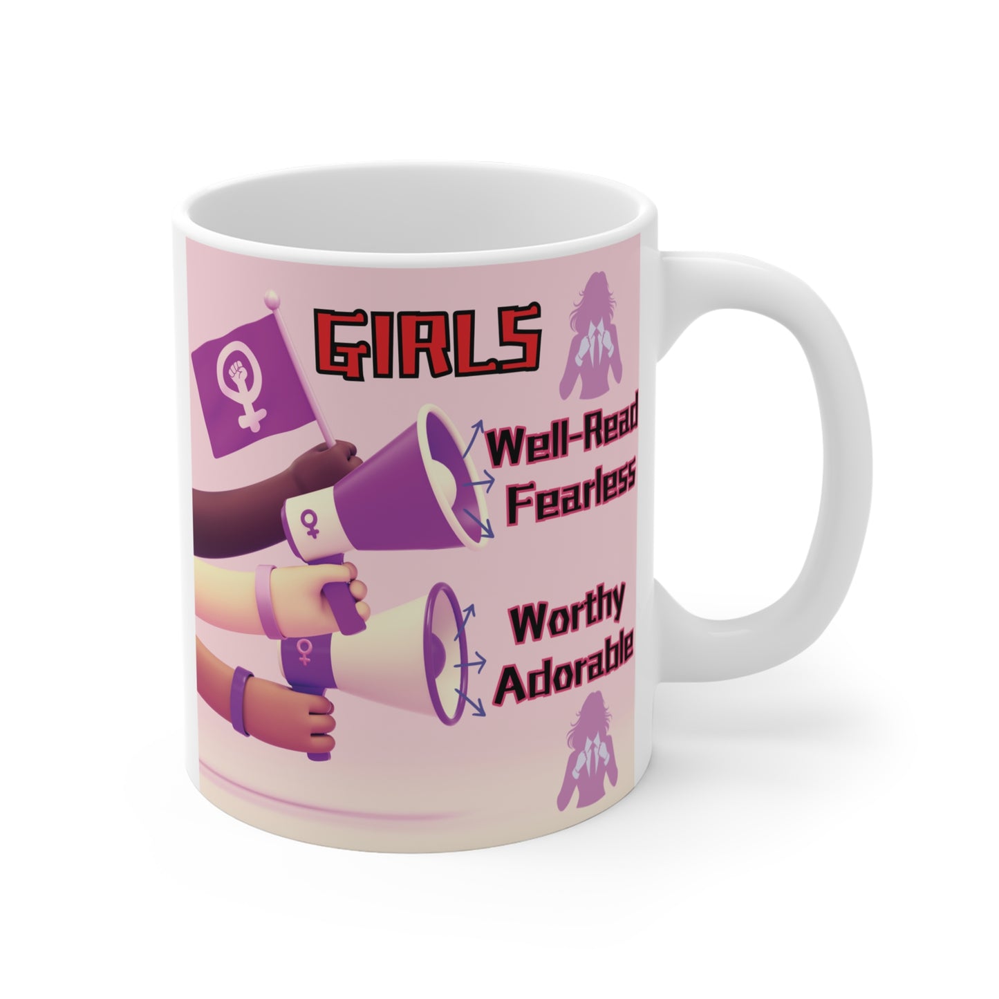 Feminist empowerment mug with “Girls” slogan, megaphone illustration, and words like fearless, worthy, and adorable, girl power gift