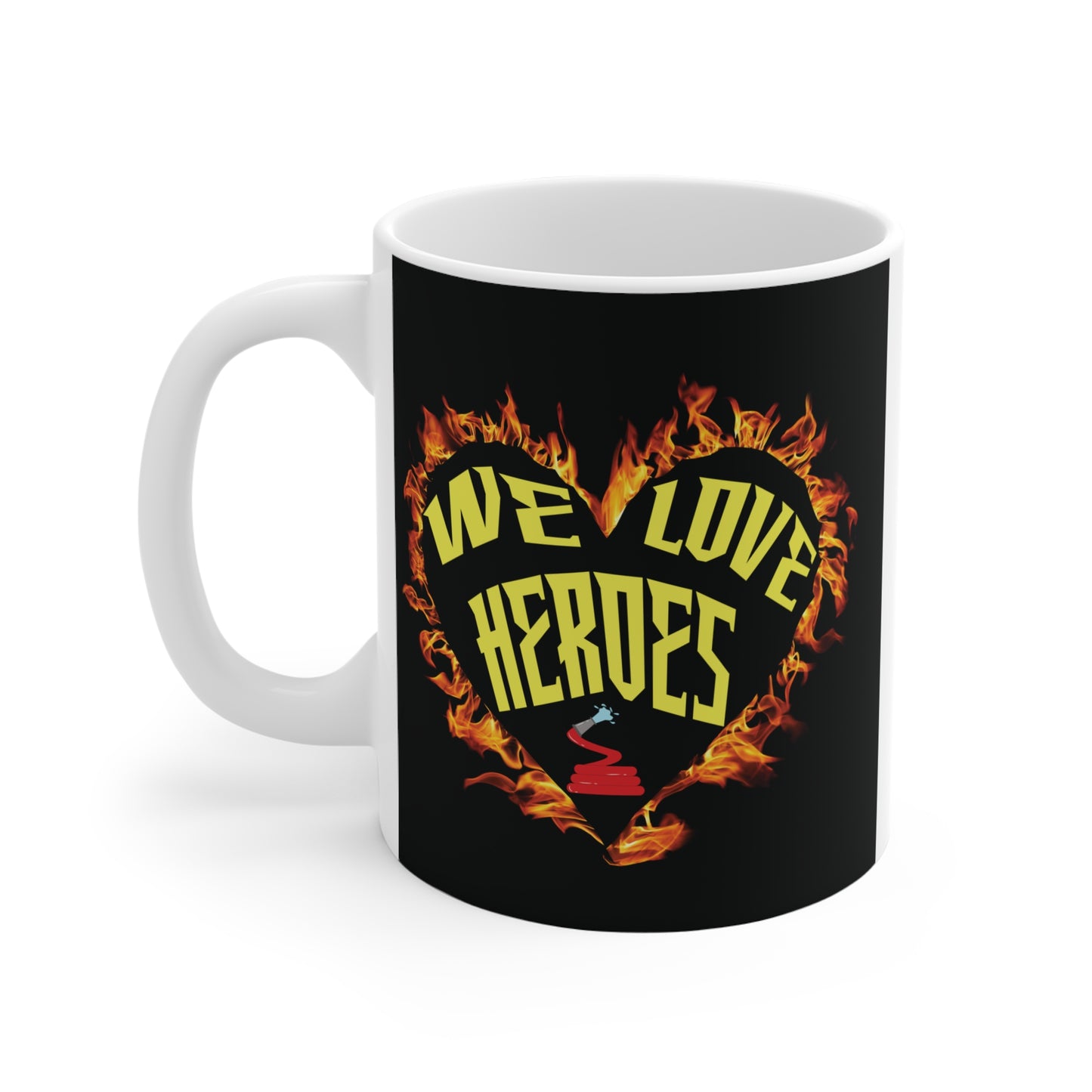 Hero tribute mug with fiery heart graphic, bold lettering, and firefighter support design gift idea