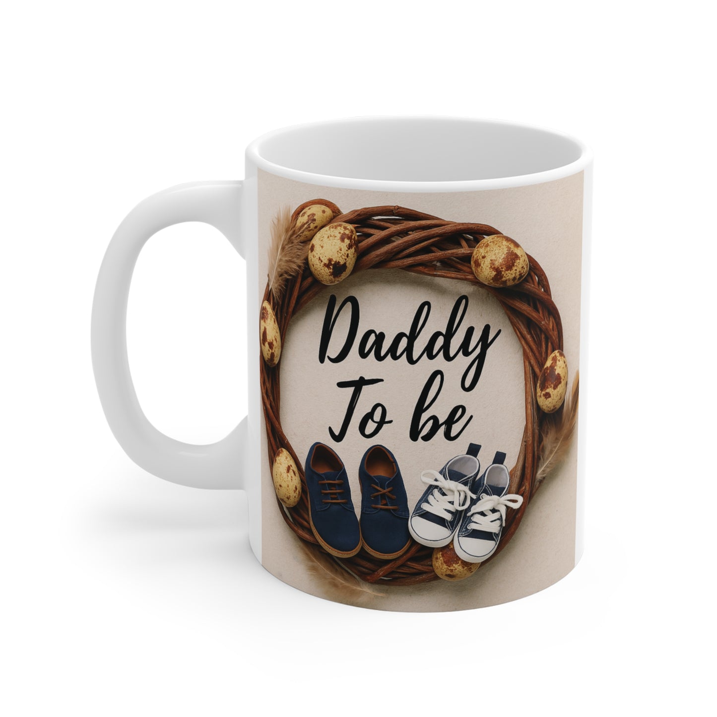 Farmhouse style Daddy To Be mug with baby sneakers and neutral tones for dad-to-be gift