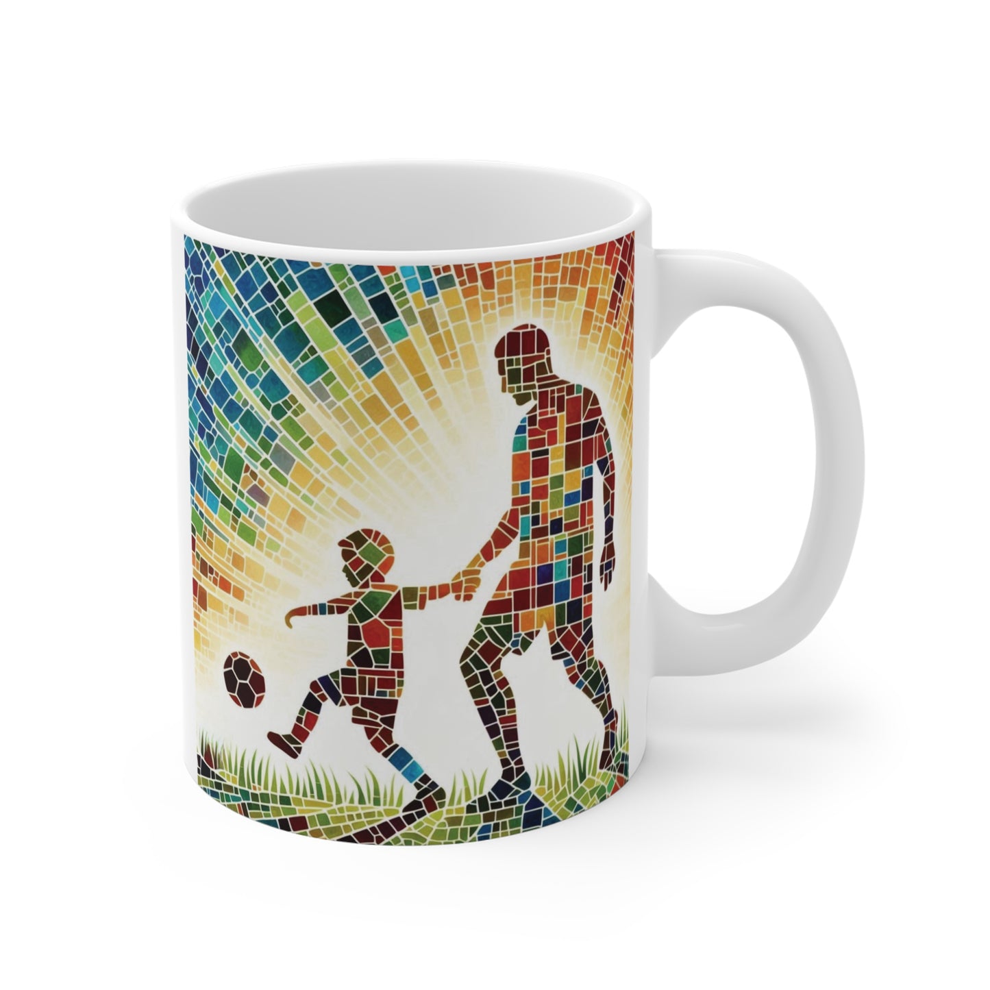 Father's Day gift mug with a colorful mosaic design of a parent and child kicking a soccer ball.