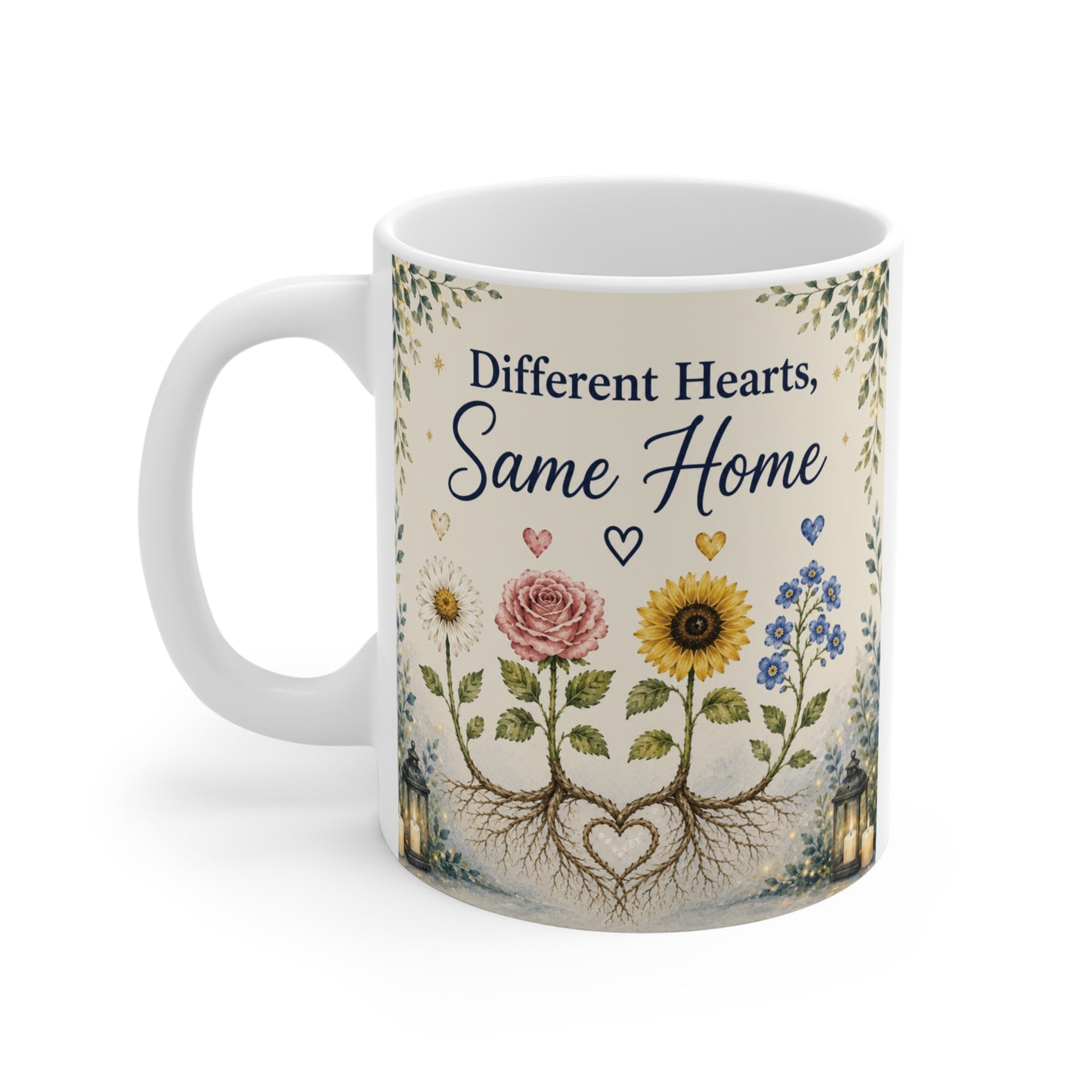 Inspirational floral ceramic mug for family and friends featuring elegant watercolor flowers and the text “Different Hearts, Same Home.”