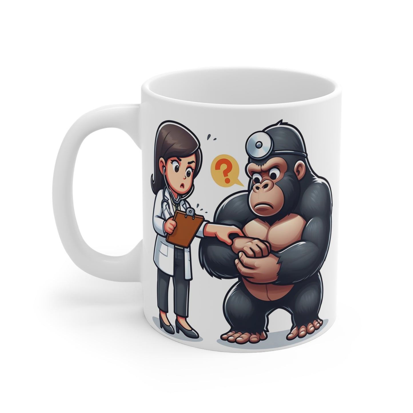 Cute cartoon gorilla doctor visit illustration on coffee mug, nurse pointing at patient with confused expression, funny healthcare theme