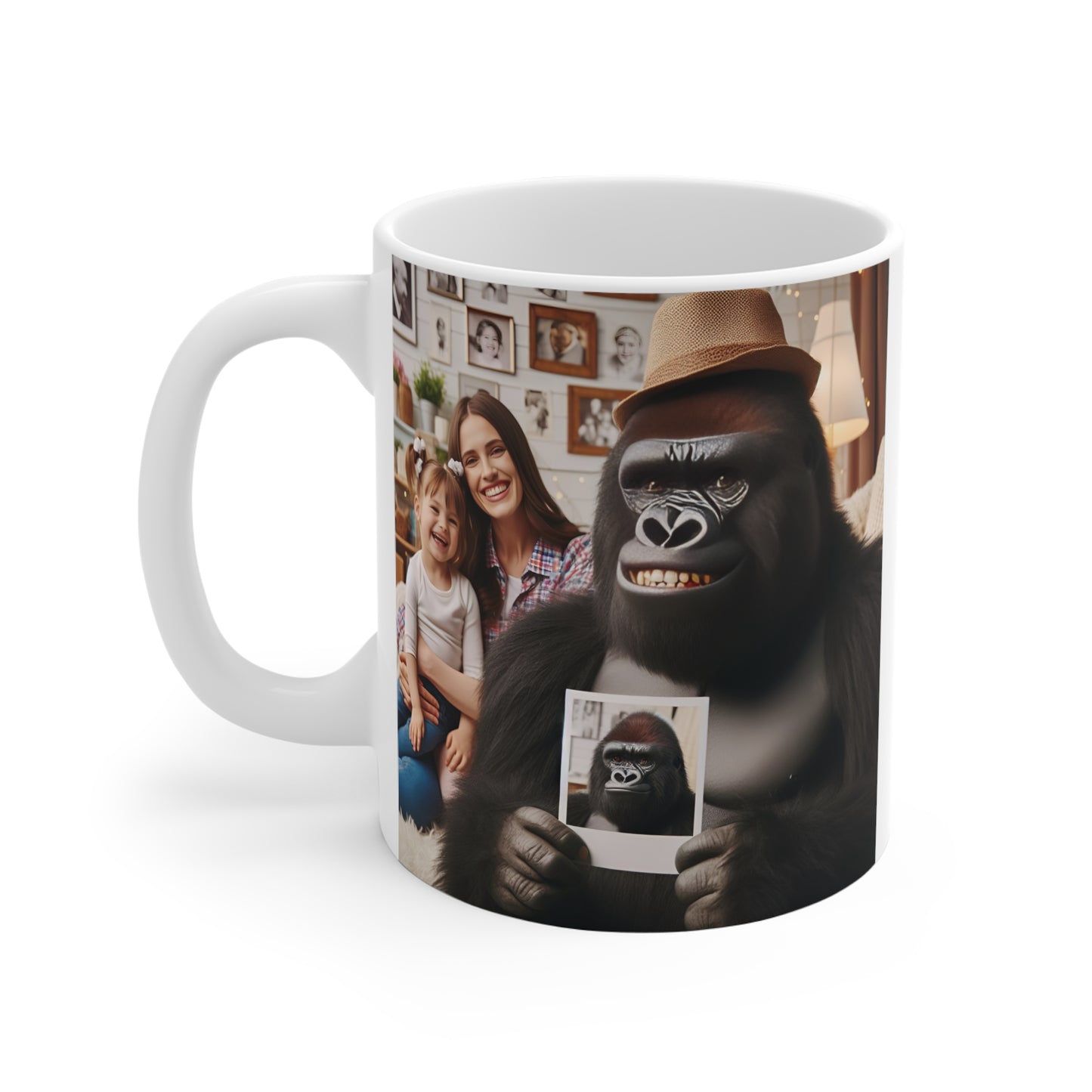Funny gorilla mug showcasing a charming gorilla in a hat holding a picture, surrounded by a cozy family setting on a ceramic mug.