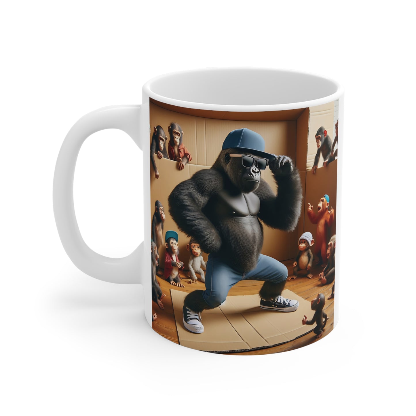 Cool gorilla wearing sunglasses and cap dancing surrounded by monkeys mug design