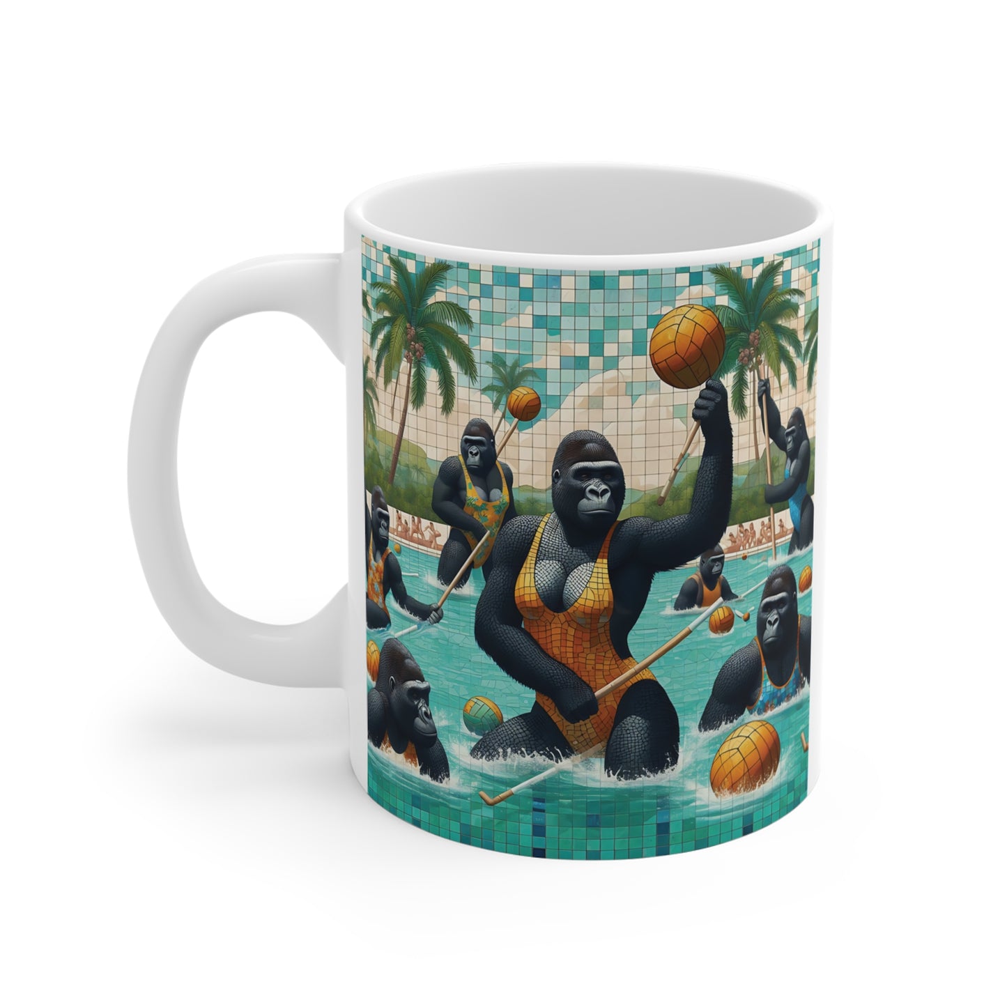 Tropical gorilla pool party mug with detailed mosaic-style illustration of gorillas playing water polo, quirky animal lover ceramic mug for coffee and tea.