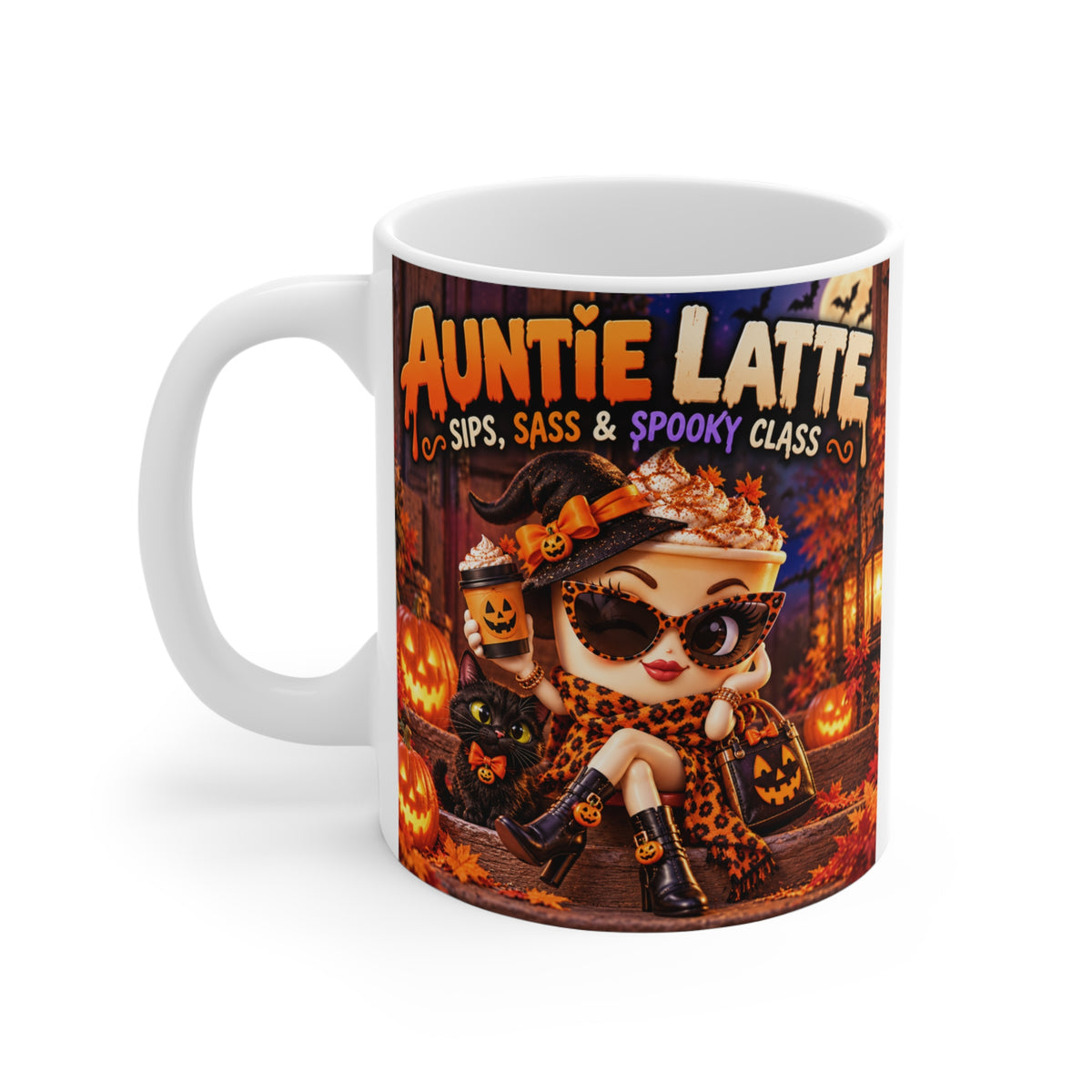 Auntie Latte 11oz Halloween coffee mug with fashionable witch character, pumpkins, autumn leaves and spooky black cat artwork.
