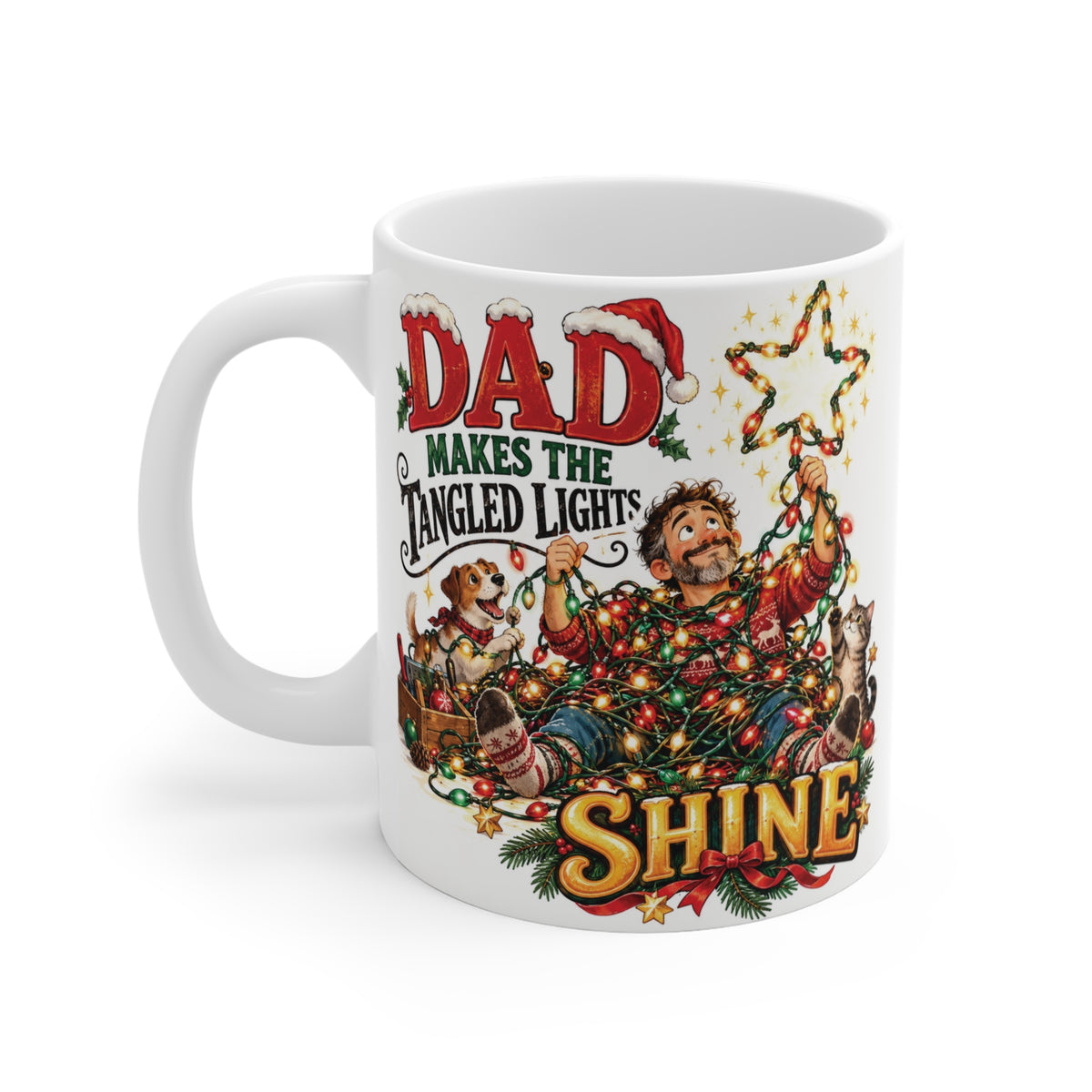 Funny Christmas gift mug for dad showing an illustration of a dad wrapped in tangled holiday string lights next to a dog