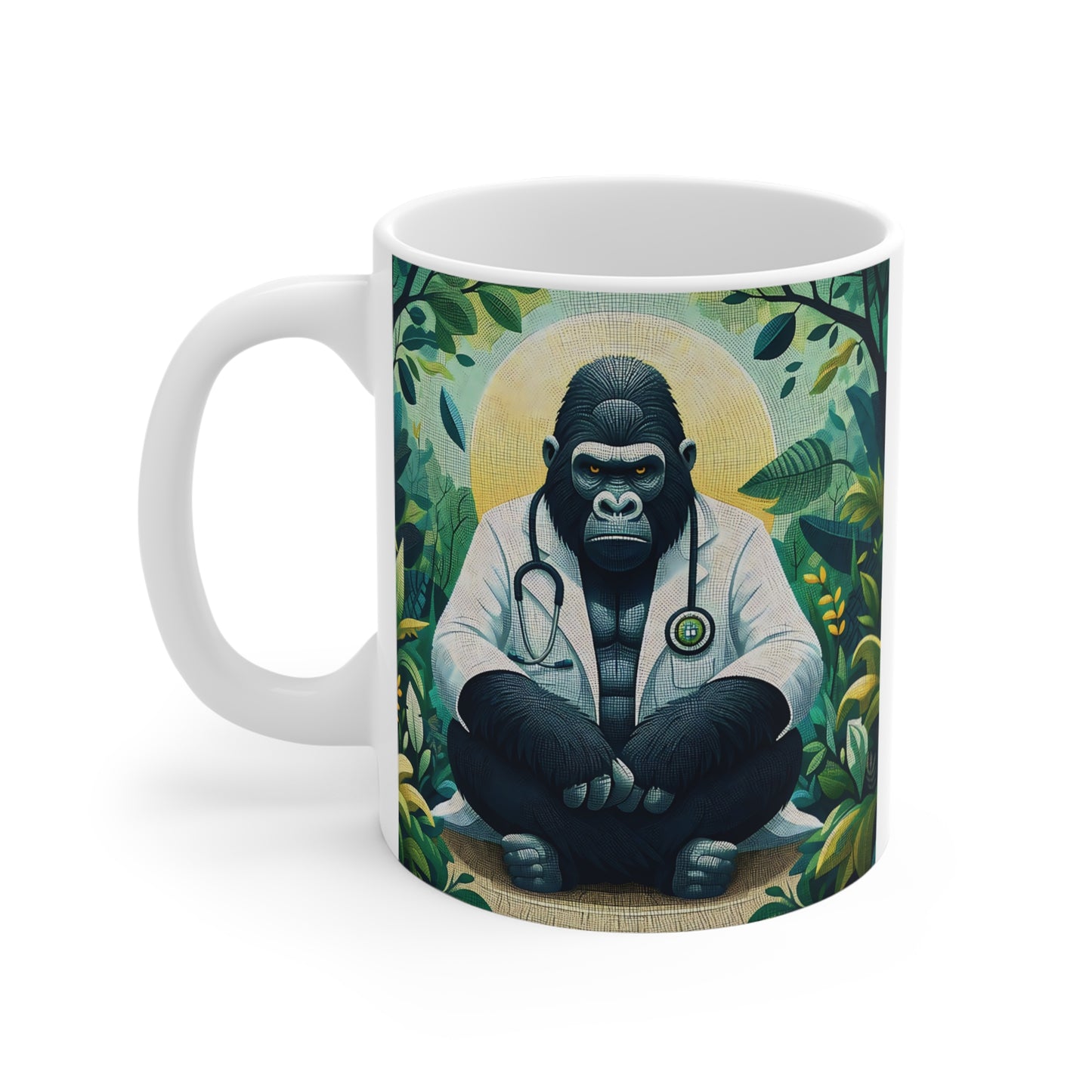 Cartoon gorilla dressed as doctor with stethoscope on ceramic mug, jungle theme animal art design