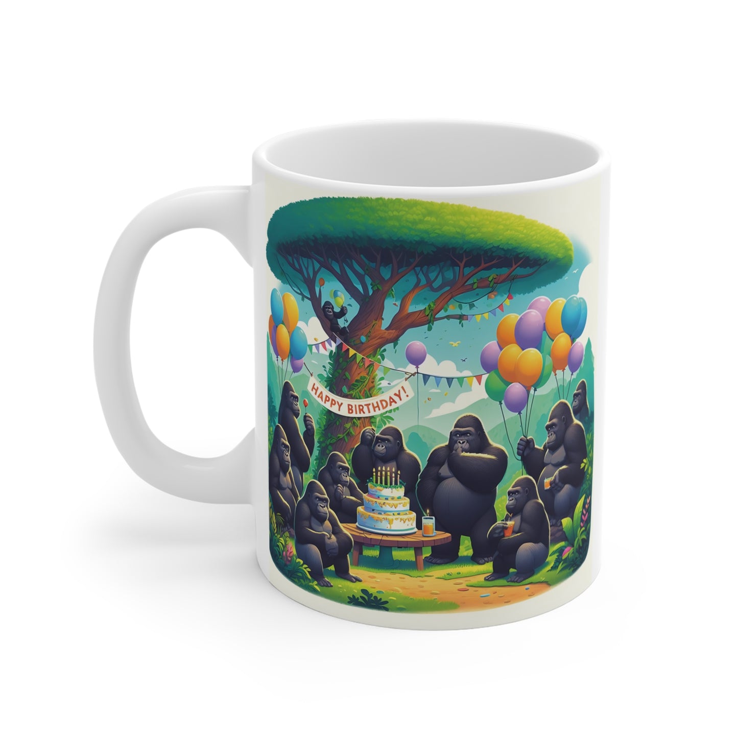 Playful gorilla family birthday scene printed on a coffee mug, featuring a birthday cake, festive balloons, jungle animals, and cheerful party decorations beneath a lush tree.