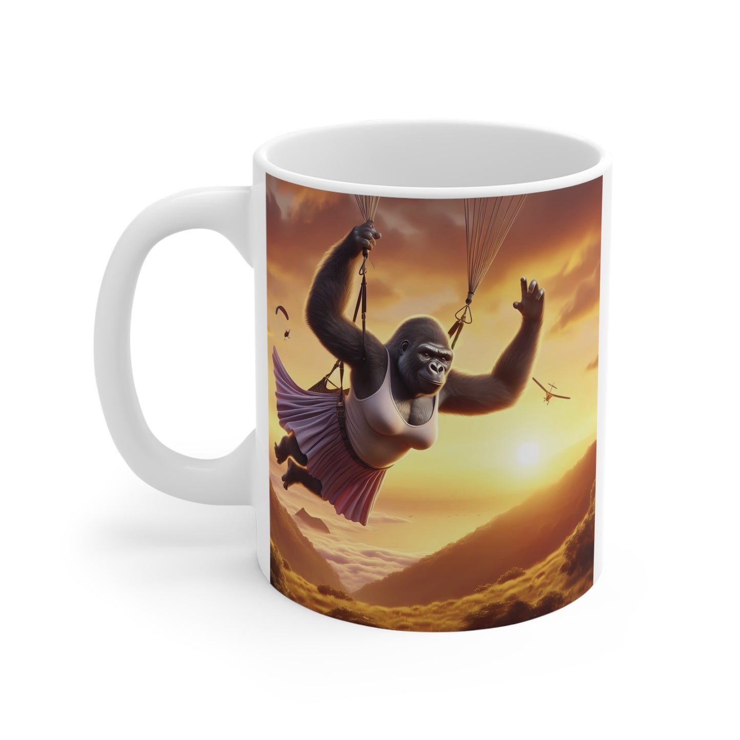 Female Gorilla flying with a parachute above clouds and valleys at sunset, colorful fantasy art featured on a ceramic mug.