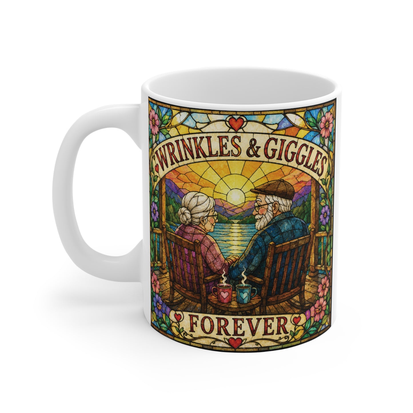 Heartwarming Grandma and Grandpa gift mug with stained glass artwork of a loving senior couple and the words "Wrinkles & Giggles Forever."