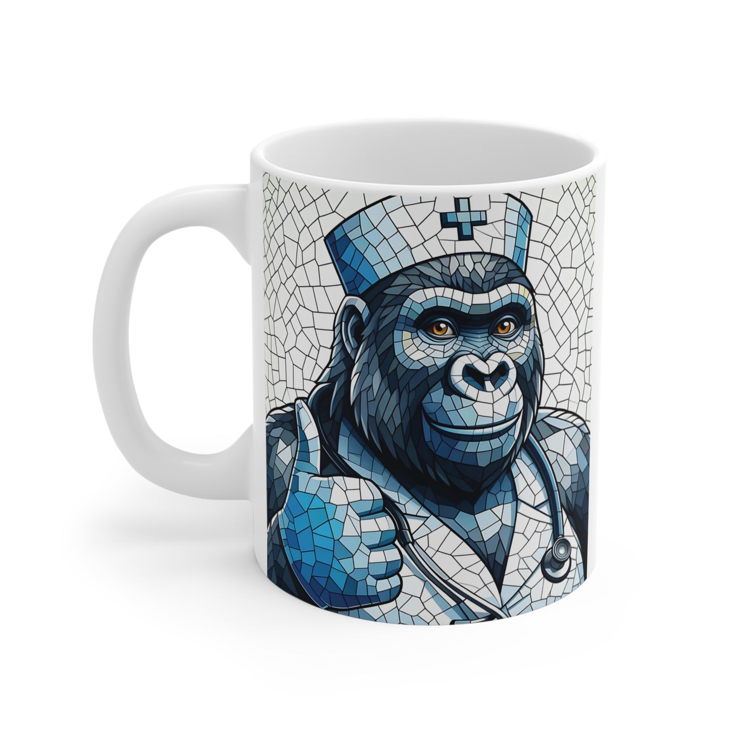 Artistic medical gorilla mug with stained glass effect, nurse uniform design, and colorful mosaic pattern ideal gift for nurses and animal lovers.