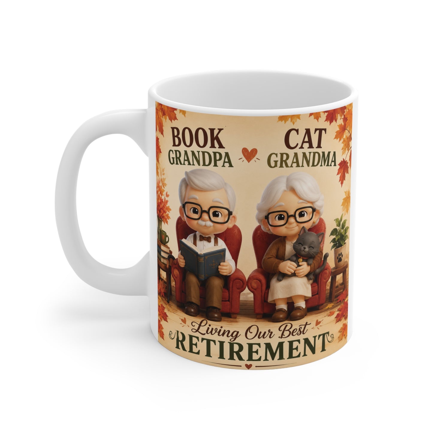 Cute grandparent retirement mug featuring Book Grandpa and Cat Grandma with cozy fall artwork and Living Our Best Retirement design.