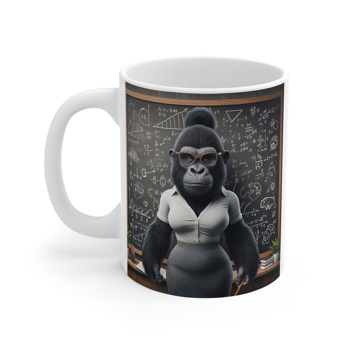 Educational gorilla coffee cup showing a gorilla professor in glasses and business attire teaching mathematics in a classroom environment.