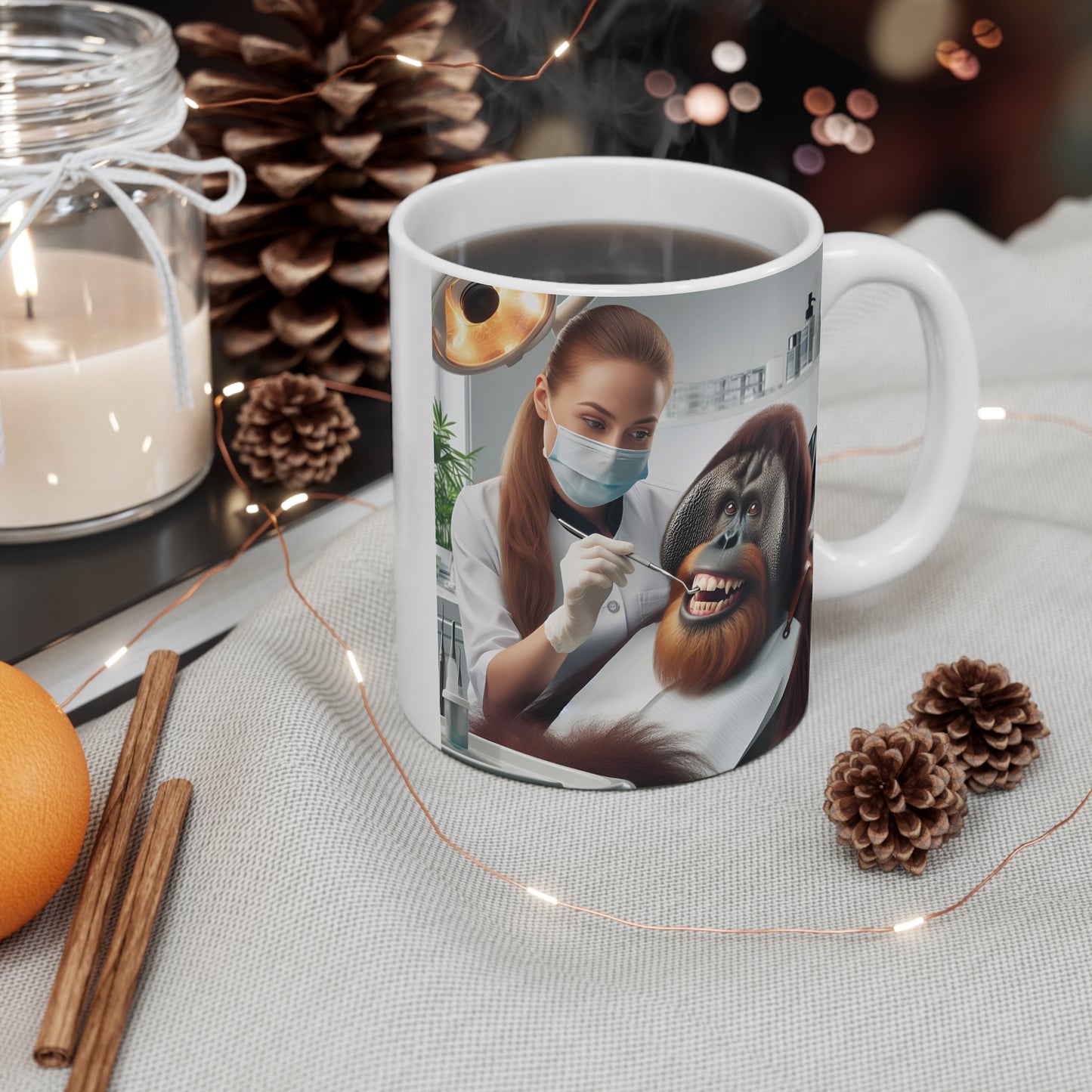 Funny Veterinary Mug (Smiling Orangutan & Dentist)