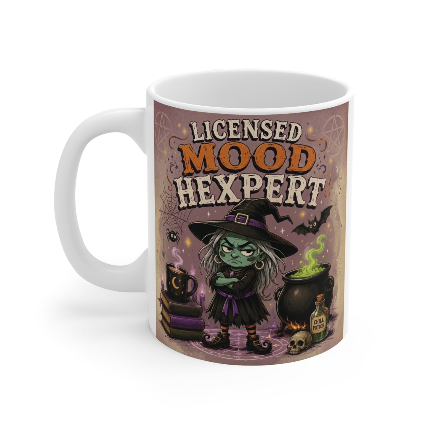 Funny Licensed Mood Hexpert Halloween mug featuring a charming cartoon witch brewing potions, perfect for coffee lovers, witch enthusiasts, and fall gifts.