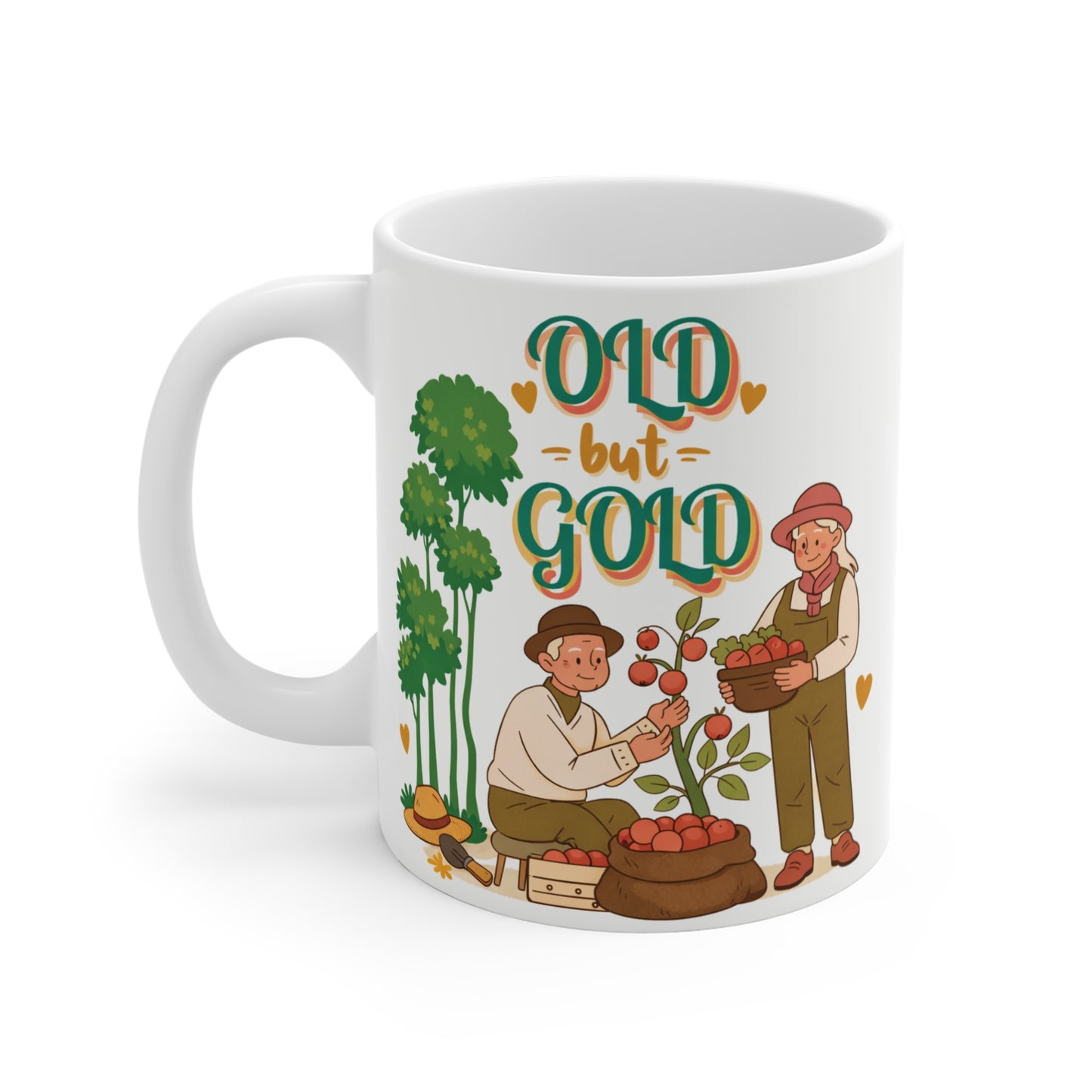 11oz gardener gift mug with elderly couple harvesting vegetables, perfect retirement or grandparent gift.