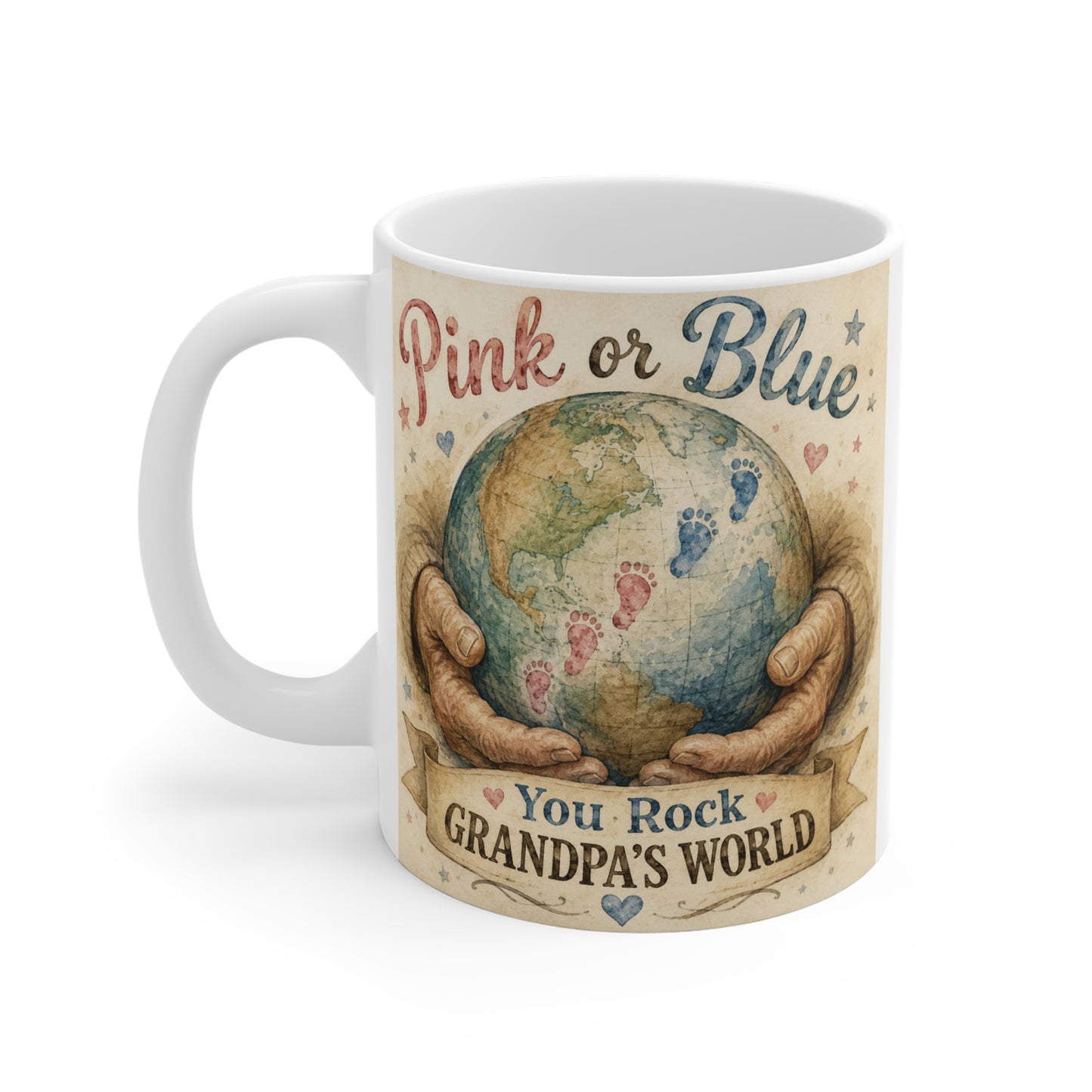 Glossy white 11oz coffee mug displaying a vintage watercolor globe, loving grandpa hands, pink and blue baby footprints, and the phrase "Pink or Blue You Rock Grandpa's World" for first-time grandfathers.