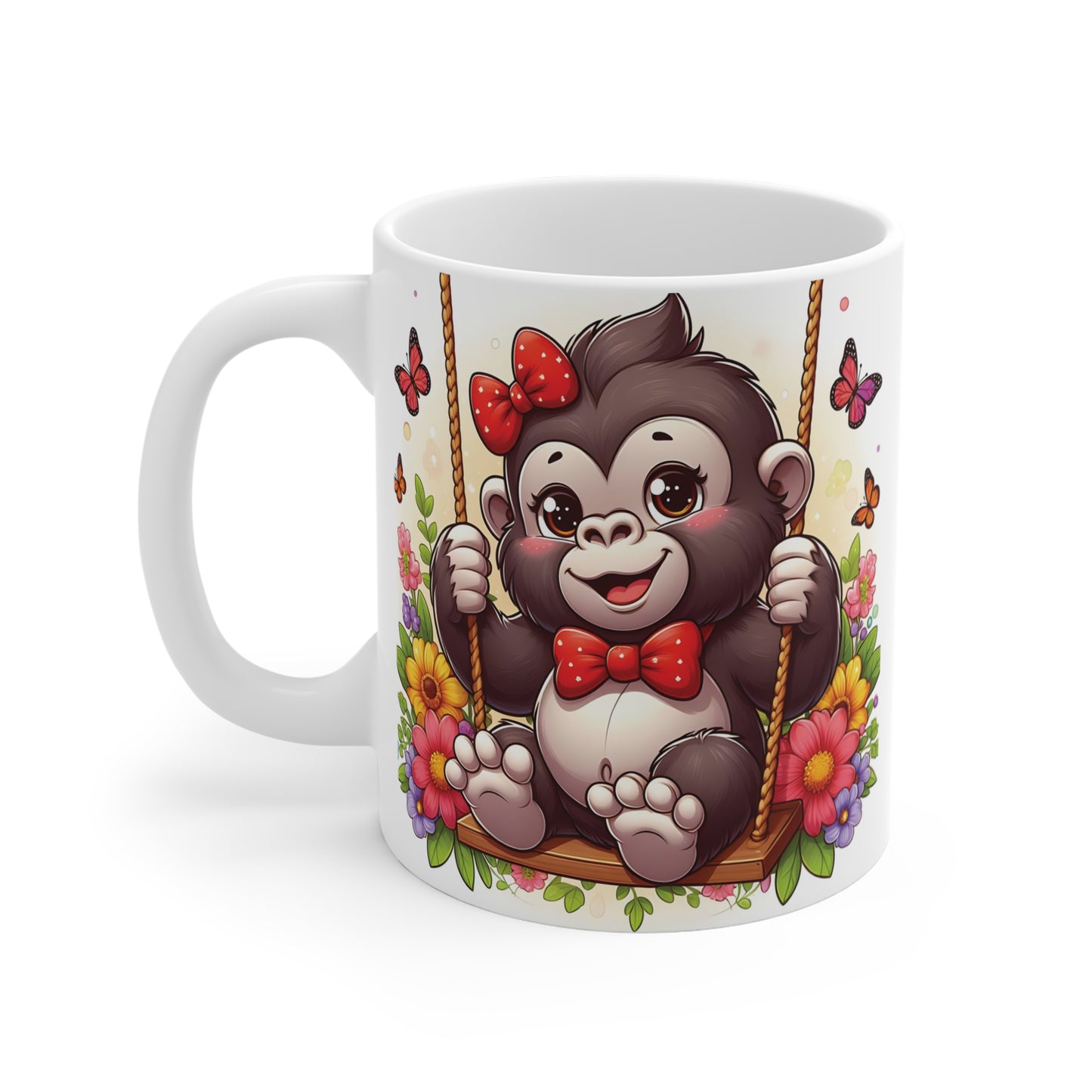 Cute monkey and flower swing illustration printed on ceramic coffee mug – playful gorilla gift mug with colorful floral design