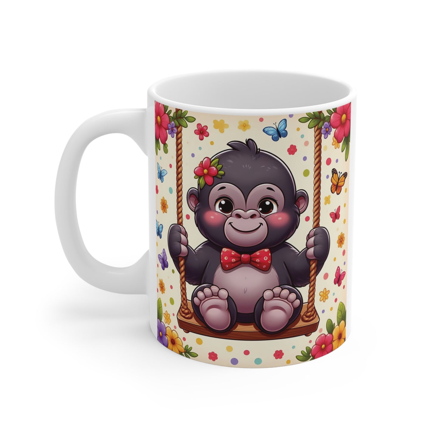 Cute baby gorilla swinging on rope with flowers and butterflies, kawaii cartoon design on 11oz coffee mug