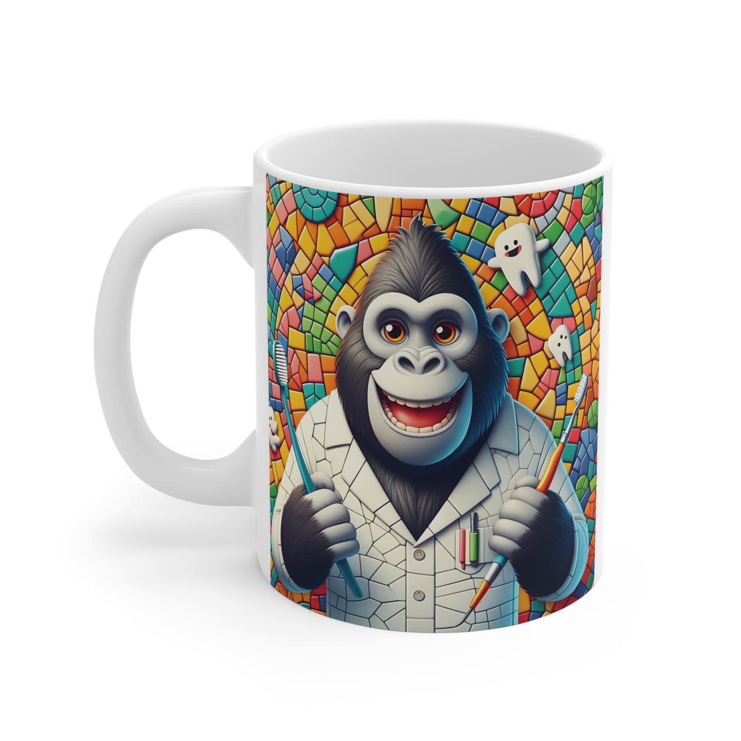 Cartoon gorilla dentist mug showcasing adorable ape artwork with toothbrushes, colorful geometric design, and cheerful dental theme on an 11oz coffee cup.