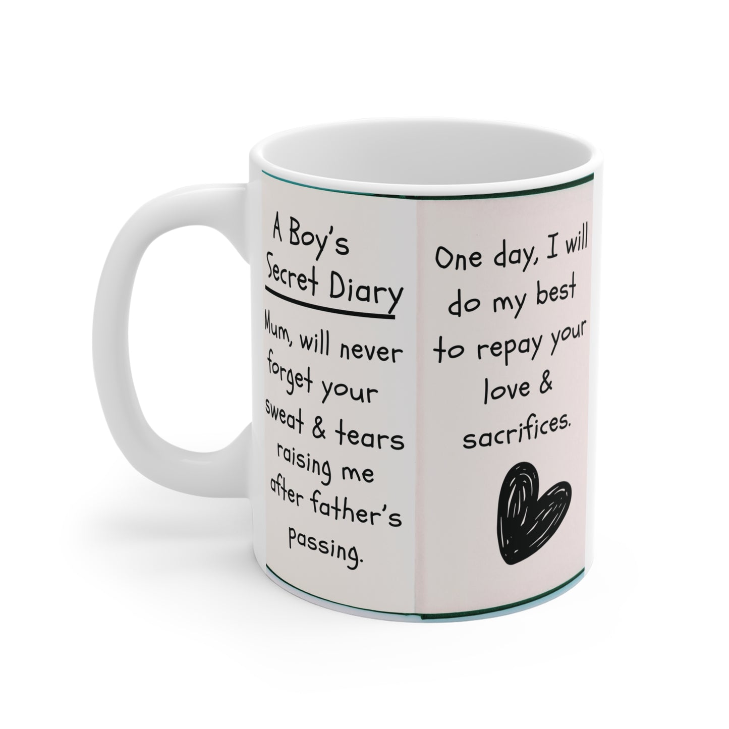 Sentimental coffee mug for mom featuring touching quote from son about appreciation and mother’s sacrifices, gift idea