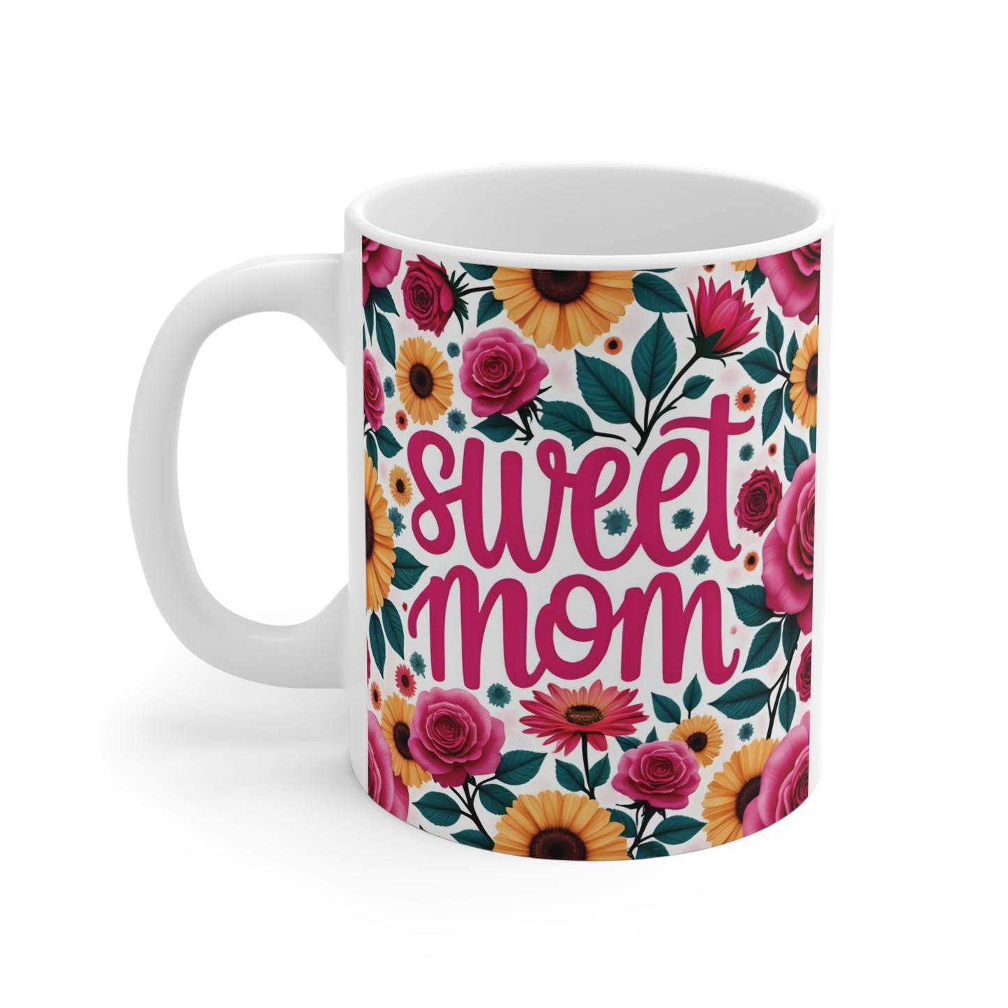 Cute mothers day mug with vibrant floral pattern and sweet mom text