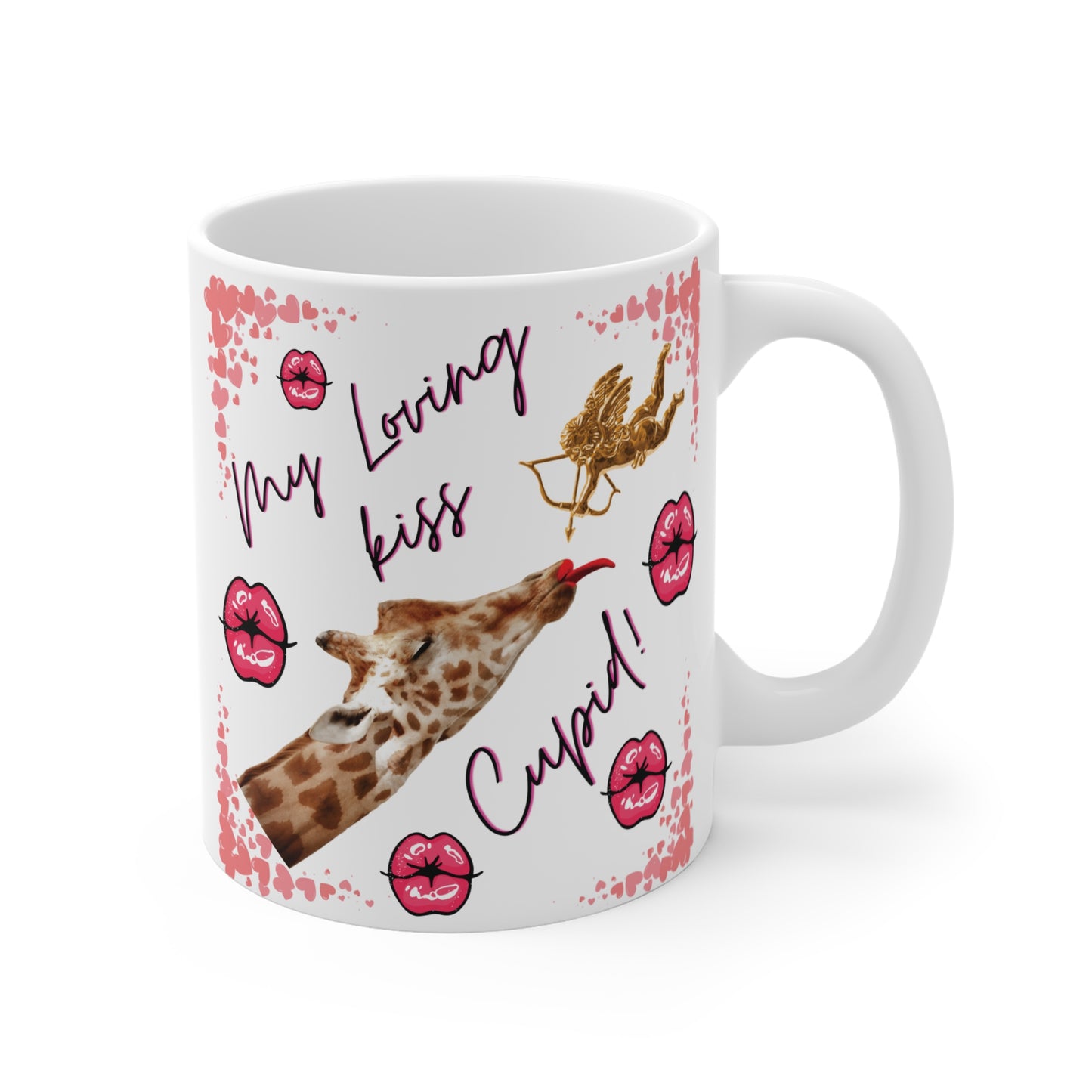 Cute romantic giraffe coffee mug with cupid arrow and kiss graphics, quirky love gift for Valentine’s Day or anniversary