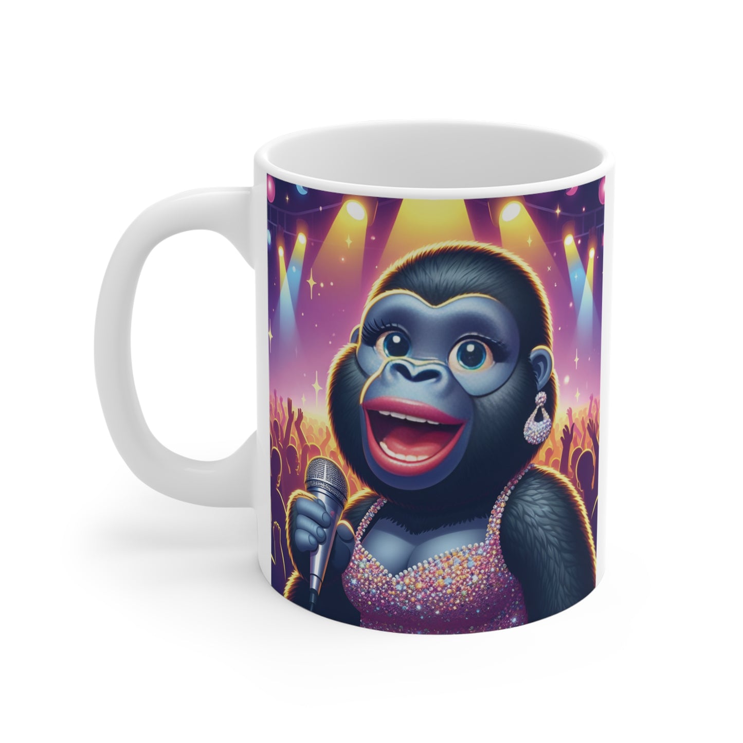 Cute gorilla performer coffee mug with microphone, glamorous animal illustration gift for singers and karaoke fans