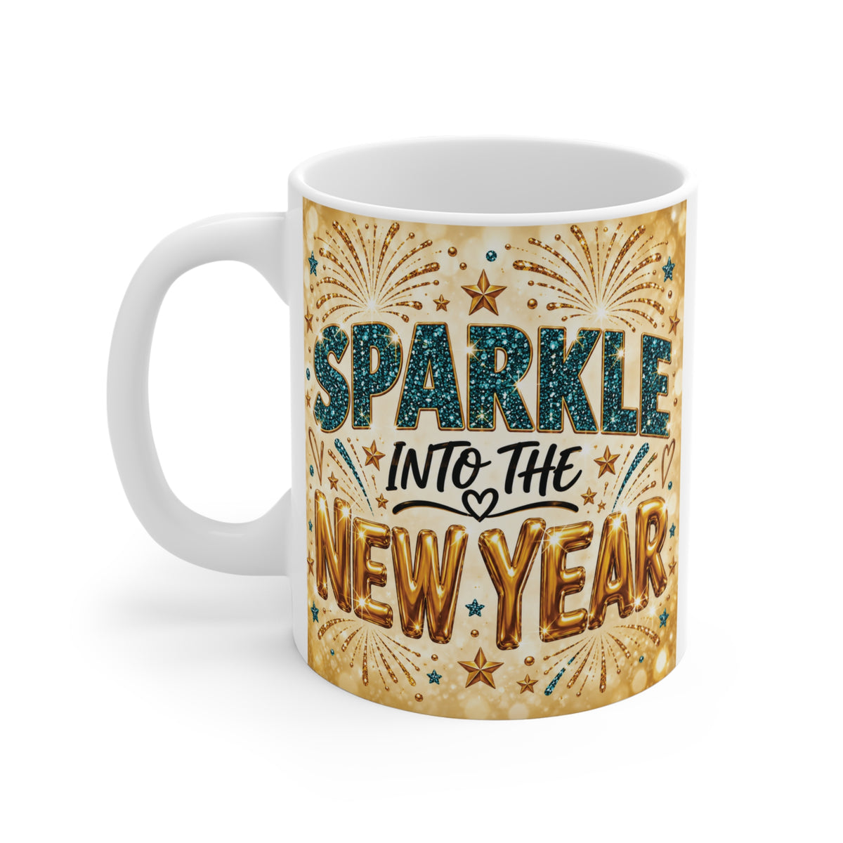 Festive 11oz New Year mug with glitter-style teal text, metallic gold lettering, stars and fireworks.
