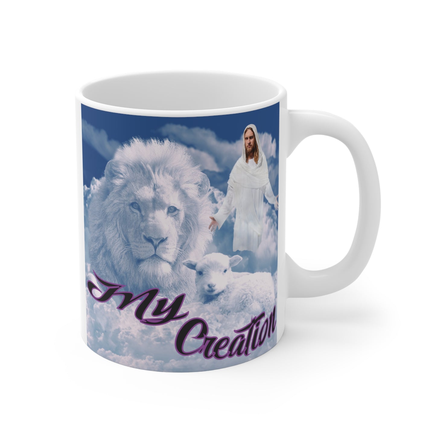 Faith-based gift mug with spiritual imagery of Jesus, lion, lamb, and clouds symbolizing peace and creation
