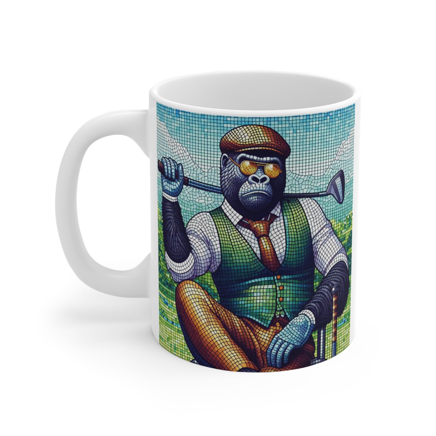 Vintage style gorilla golf coffee cup with humorous golfer illustration