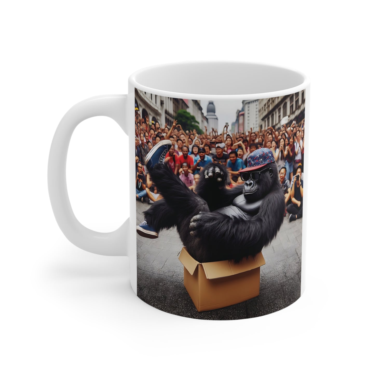 Cool gorilla ceramic mug with trendy ape illustration, sunglasses, sneakers, and playful city street scene for unique novelty drinkware lovers.