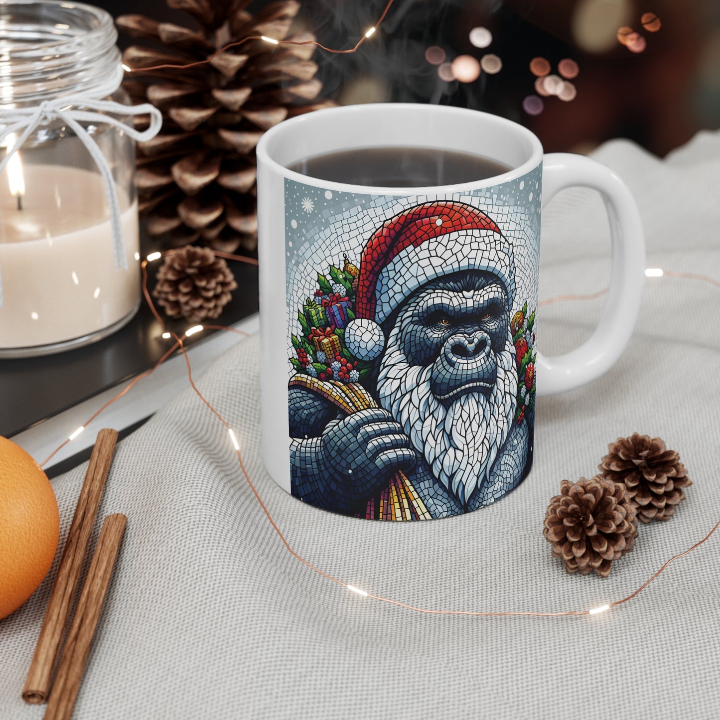 Gorilla Christmas Mug with Santa Hat – Colorful Mosaic Gorilla Coffee Cup for Funny Holiday Gifts and Christmas Decor