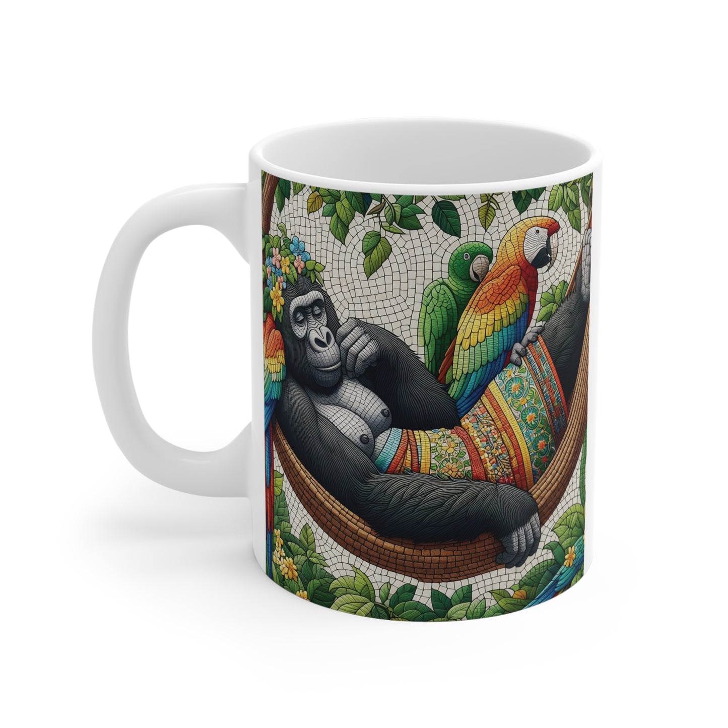 Exotic gorilla hammock mug showing a peaceful ape resting among tropical birds and lush rainforest foliage, perfect animal lover gift coffee cup