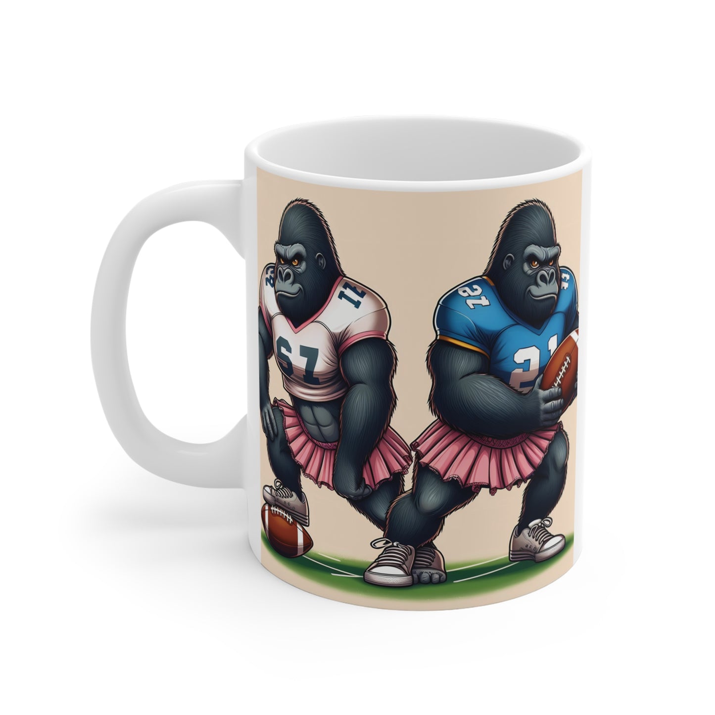 Cute gorilla football mug featuring strong ape characters in sporty outfits with pink skirts, unique funny coffee cup gift idea for sports lovers