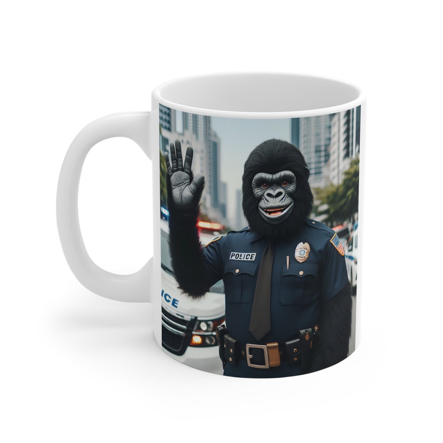 Ceramic coffee mug with realistic gorilla police officer artwork, waving while standing on a city street with emergency lights behind him.