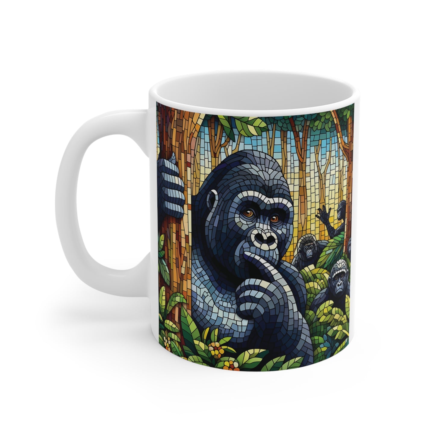 Decorative gorilla mosaic coffee mug with vibrant rainforest artwork – creative ceramic mug gift for gorilla and safari enthusiasts