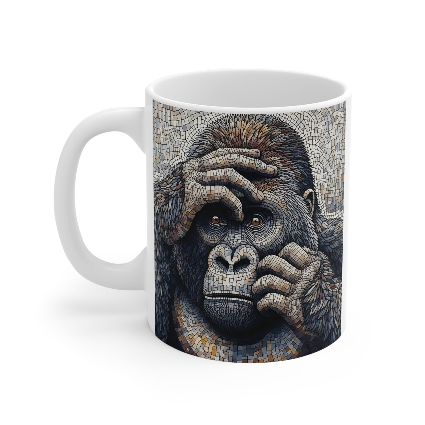 White ceramic coffee mug with a stunning mosaic gorilla illustration, combining modern abstract art and wildlife-inspired design for home or office use.