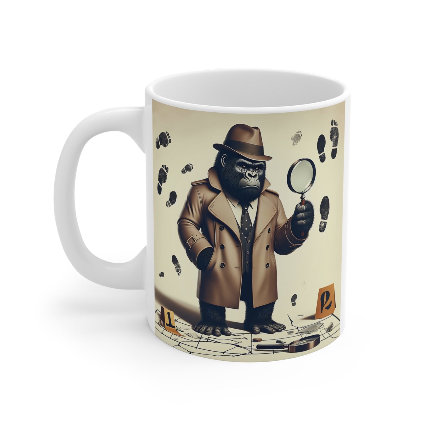 Funny detective gorilla mug with noir-inspired crime solving design, magnifying glass, and creative coffee cup artwork