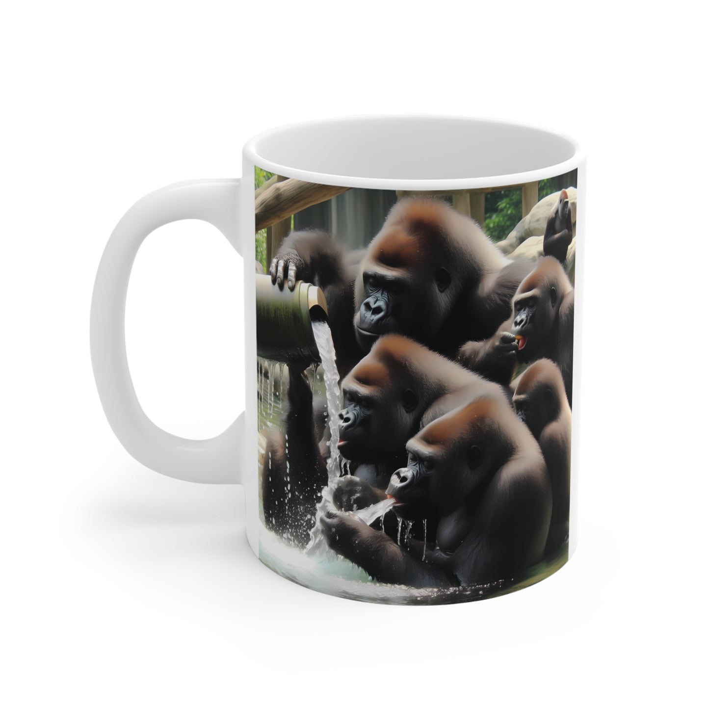 Realistic gorilla drinking water coffee cup with detailed rainforest scene, adorable primates, and peaceful nature artwork for animal fans.