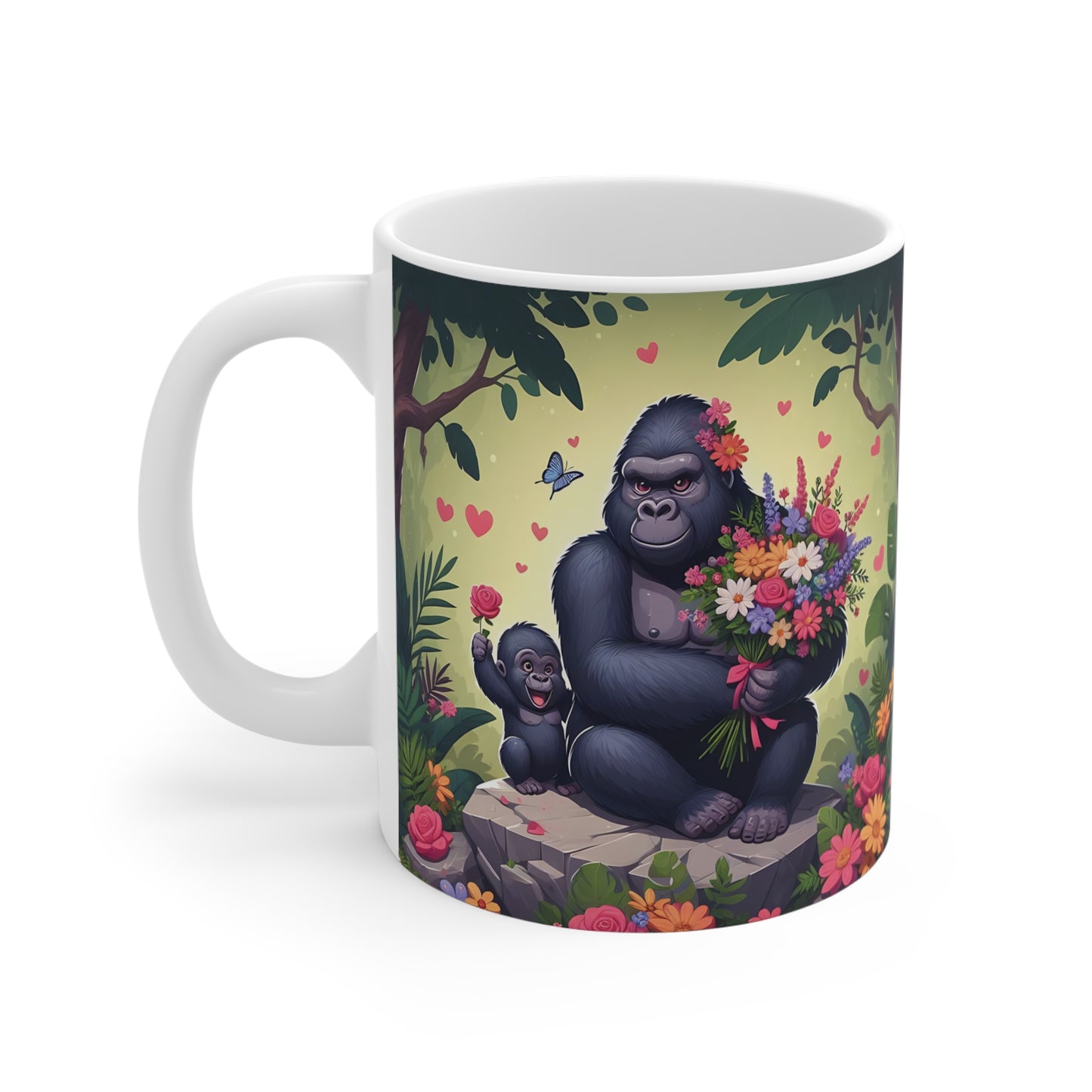 Adorable gorilla family coffee mug with bouquet of flowers, baby gorilla, butterflies, and colorful jungle background.