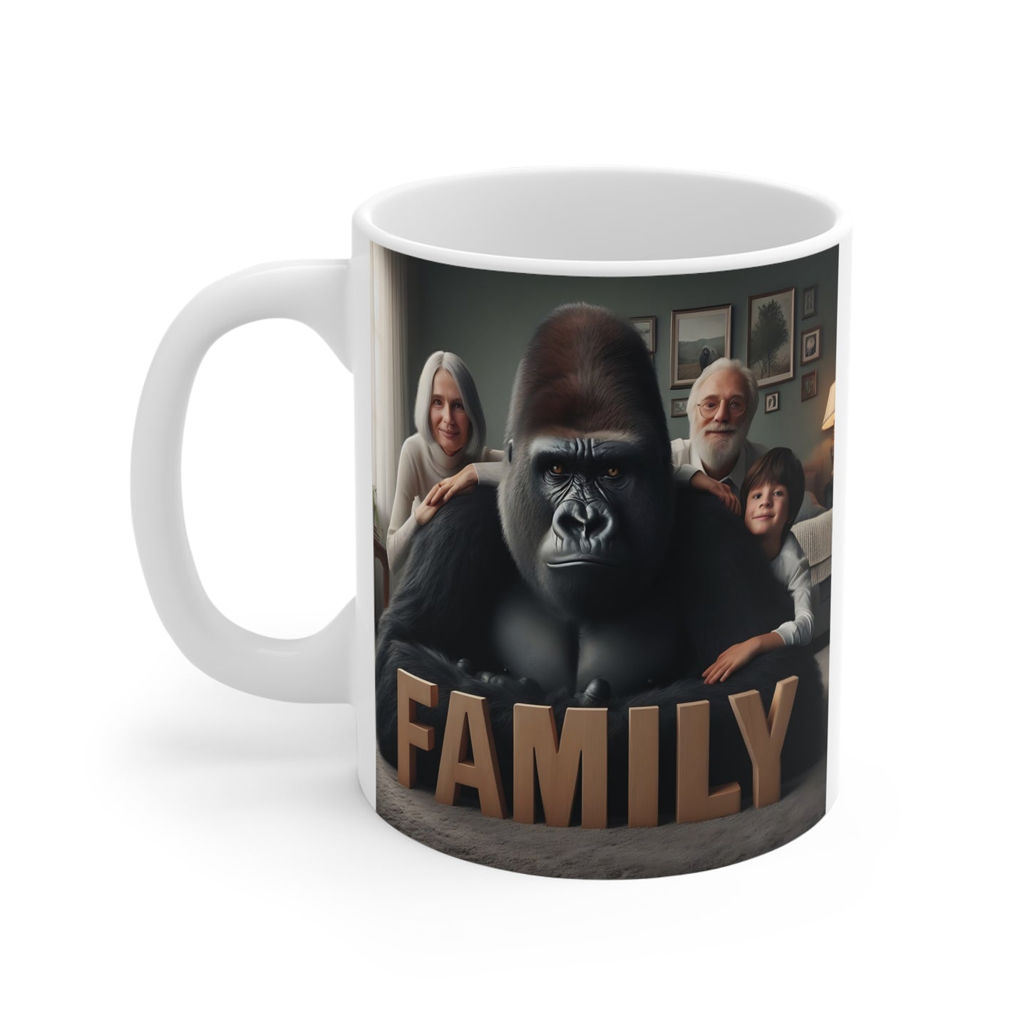 Protective silverback gorilla posed with grandparents and child beside large FAMILY lettering, showcased on a white coffee mug.