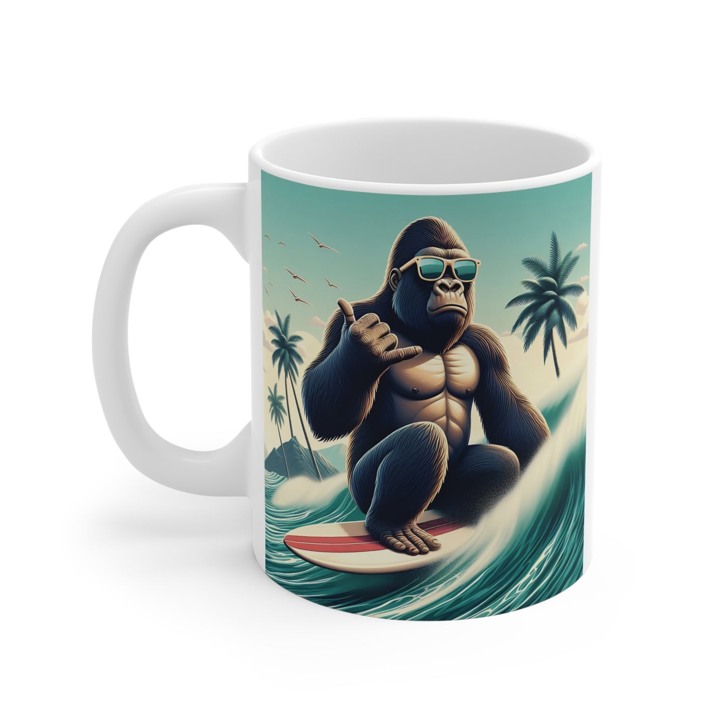 Tropical gorilla surfing ceramic mug with beach vibe artwork, ocean wave design, and cool summer animal illustration