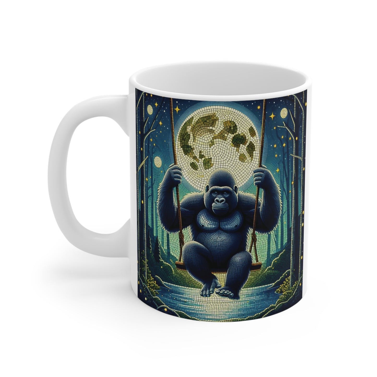 Ceramic mug featuring a gorilla on a swing under a glowing full moon, mosaic style wildlife artwork coffee mug