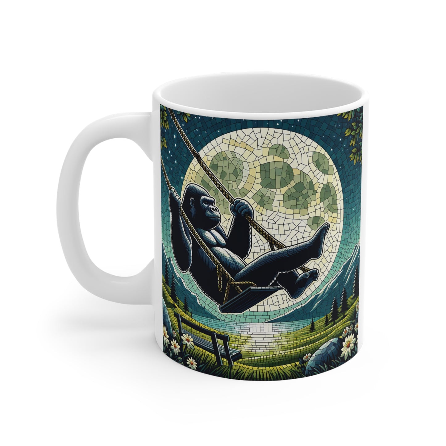 Nature-inspired mug showing a gorilla on a swing under a full moon with mosaic stained glass artwork and scenic countryside.
