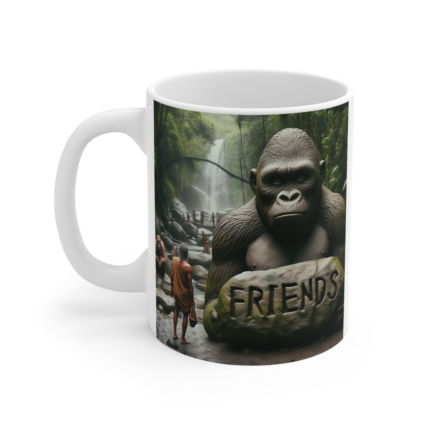 Detailed jungle scene with large gorilla and ‘friends’ engraving on rock unique animal lover gift mug
