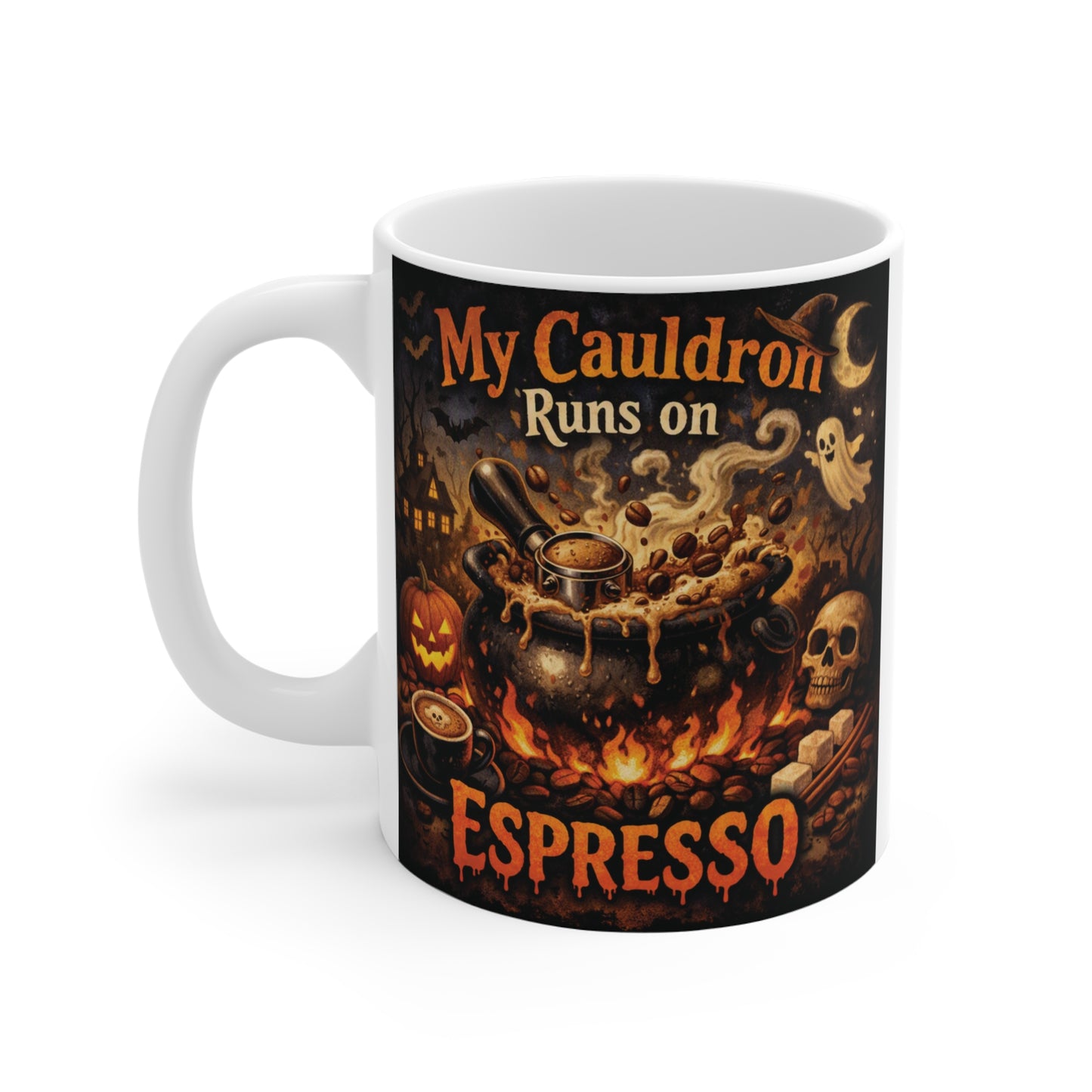 11oz ceramic espresso mug with "My Cauldron Runs on Espresso" text, illustrated with a magical witch's cauldron, Halloween pumpkins, skulls, and vintage gothic coffee-themed design, perfect for fall and spooky season gifts.